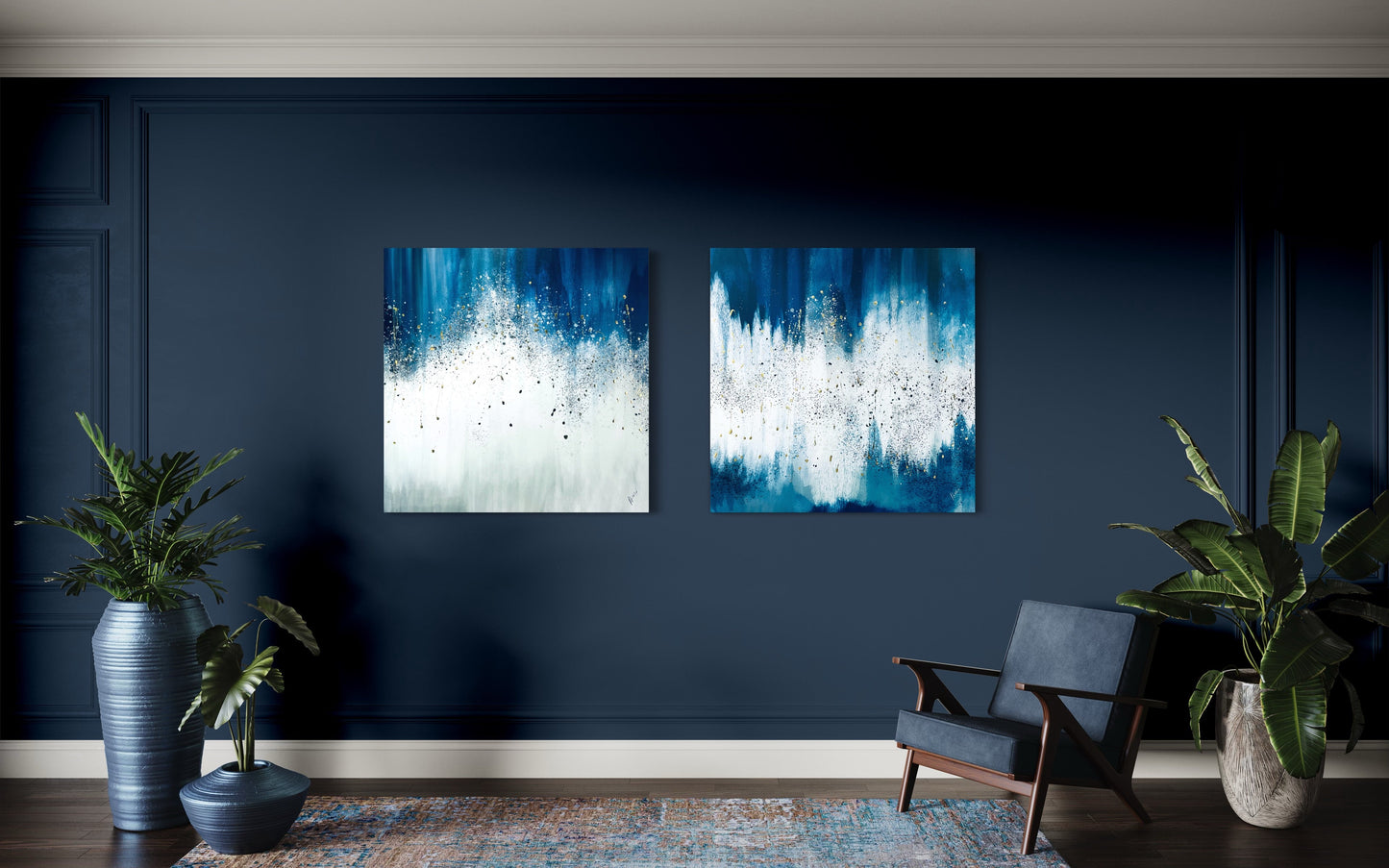 Navy Blue and Silver Abstract on Canvas- Waterfall