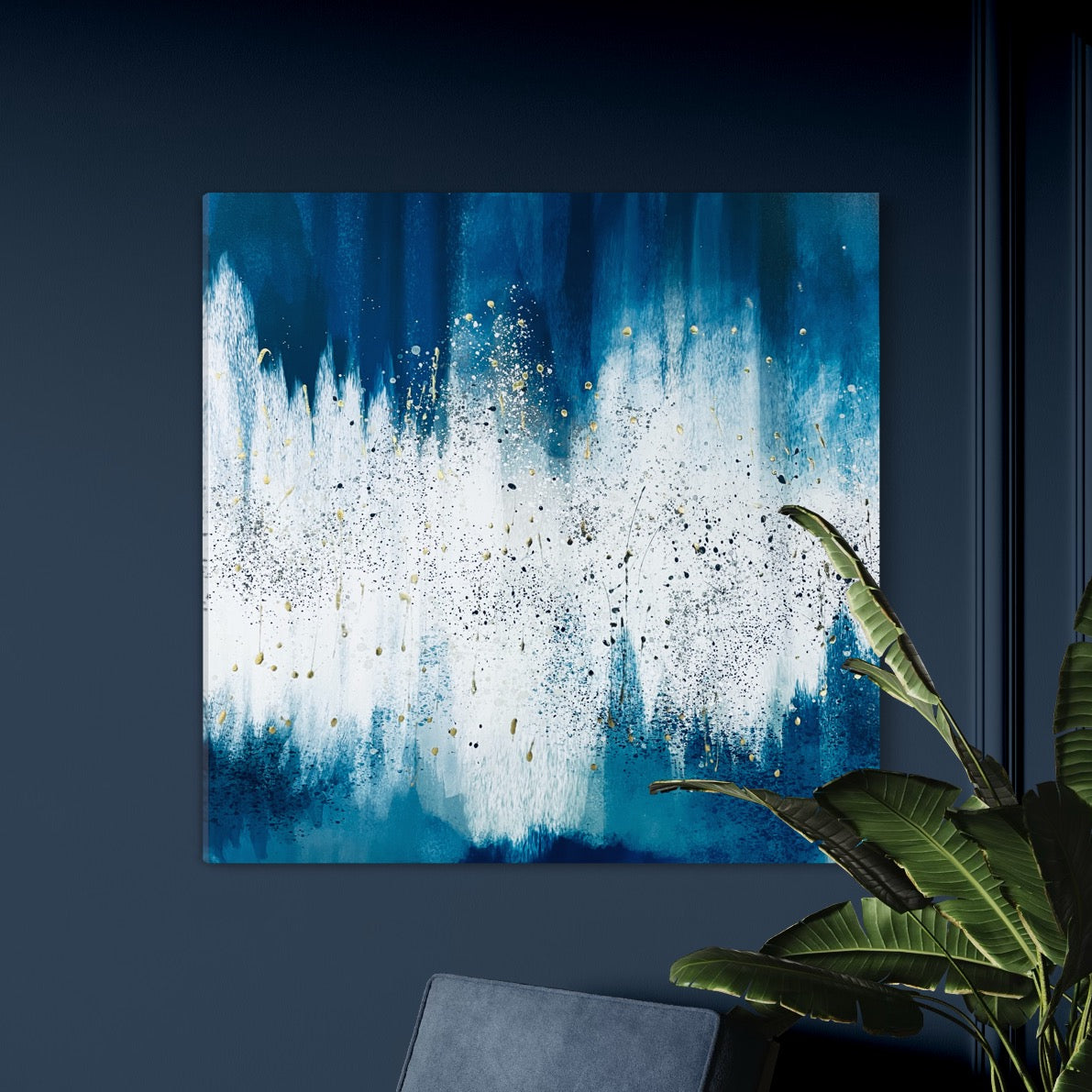 Navy Blue and Silver Abstract Reflective on Canvas