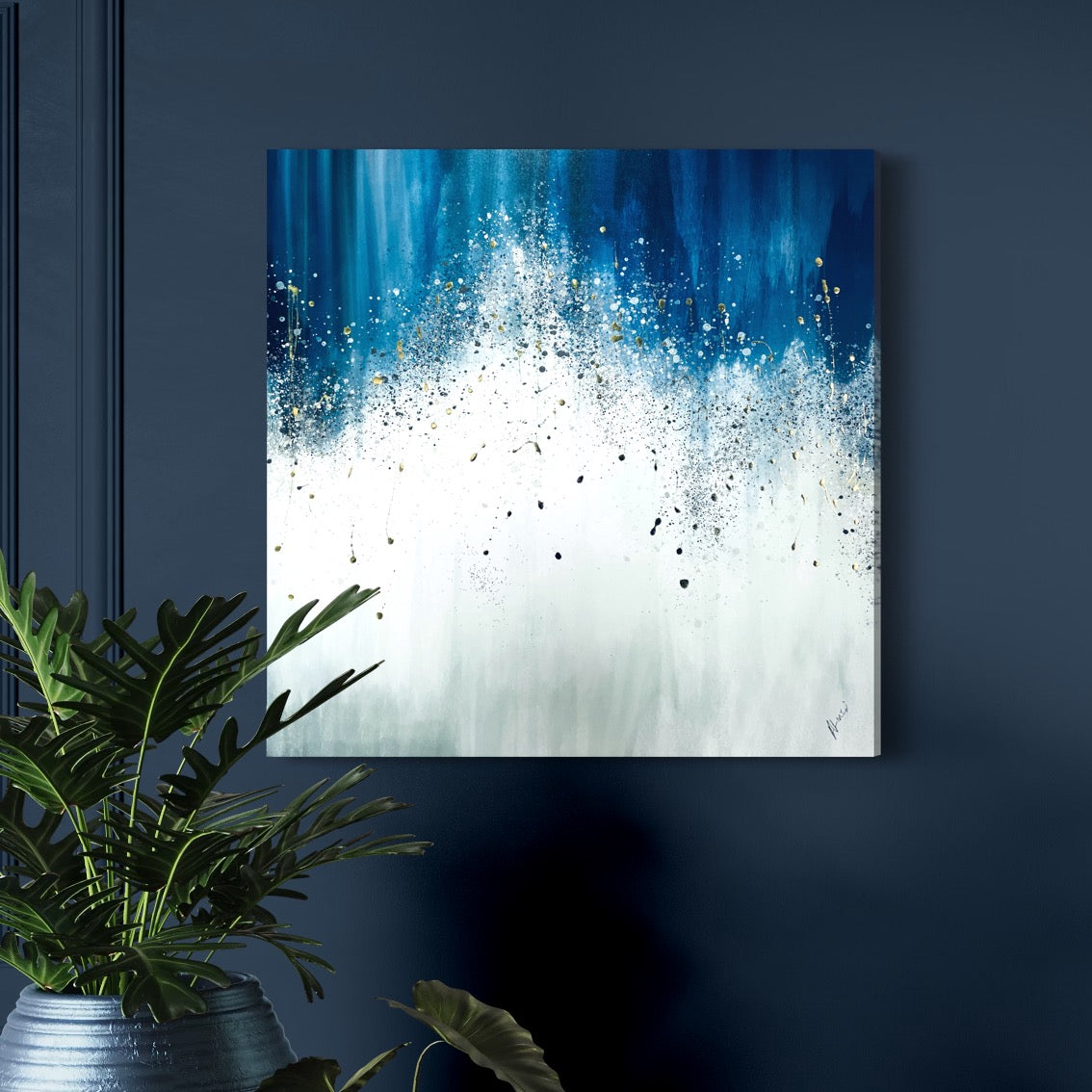 Navy Blue and Silver Abstract on Canvas- Waterfall