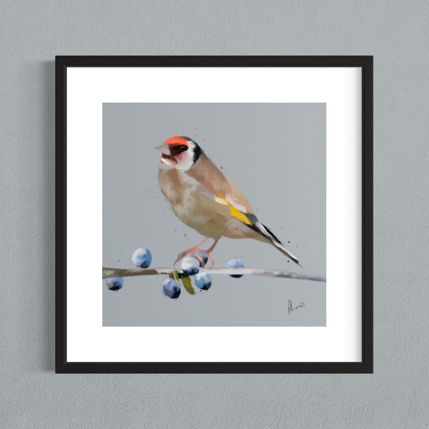 Goldfinch Bird Blue Painting Print Framed