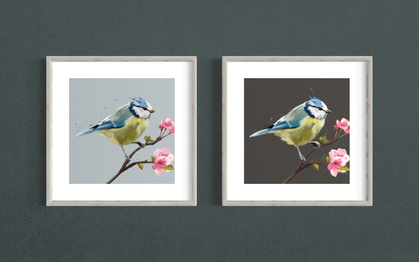 Blue Tit Grey Painting Print Framed