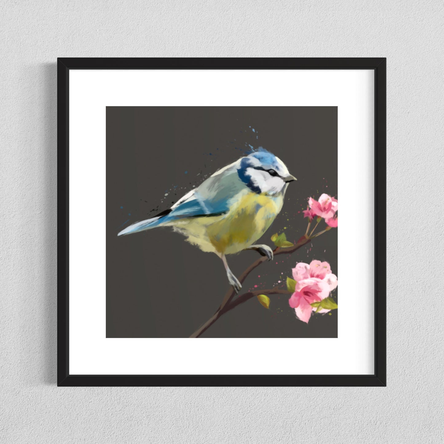 Blue Tit Grey Painting Print Framed