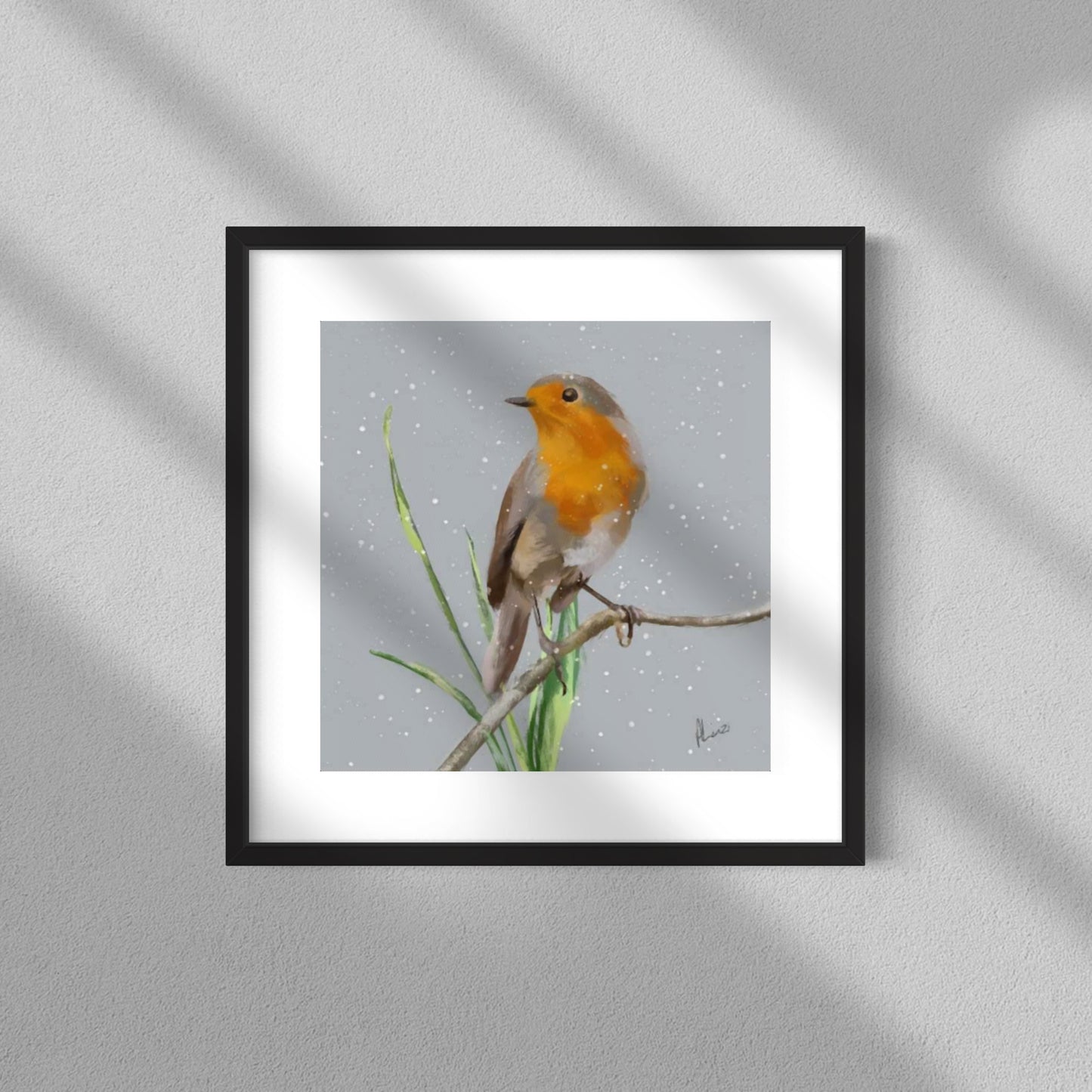 Winter Robin Blue Painting Print Framed