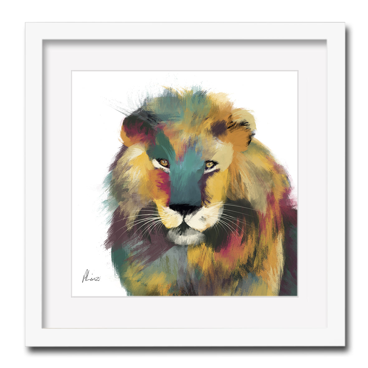 Lion Multi White Painting Print Framed