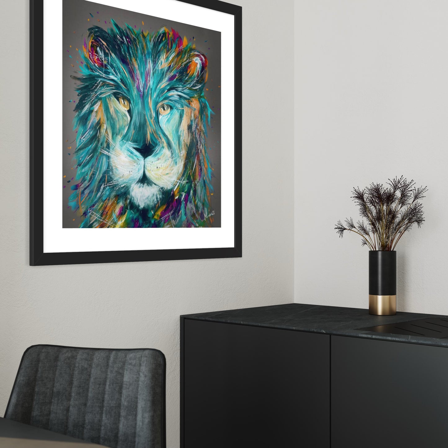 Lion 'King' Grey Liquid Foil Framed Art