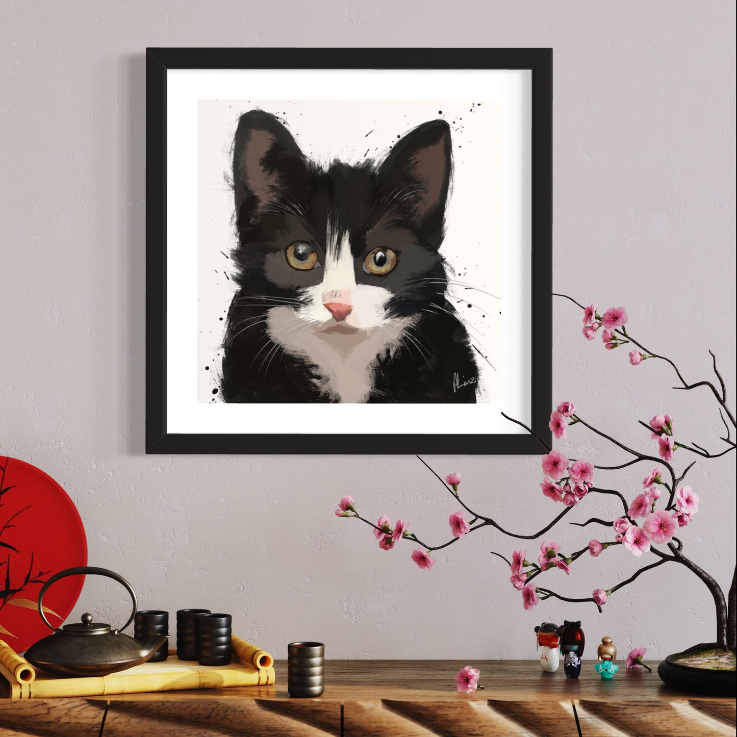 Black Cat Painting Liquid Foil Framed Art