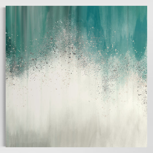 Teal Green and Silver Abstract Waterfall on Canvas