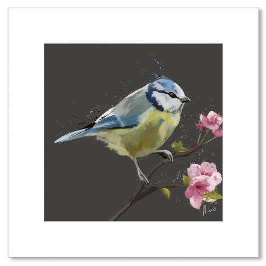 Blue Tit Garden Bird Painting Grey Print