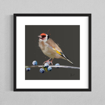 Goldfinch Bird Grey Painting Print Framed