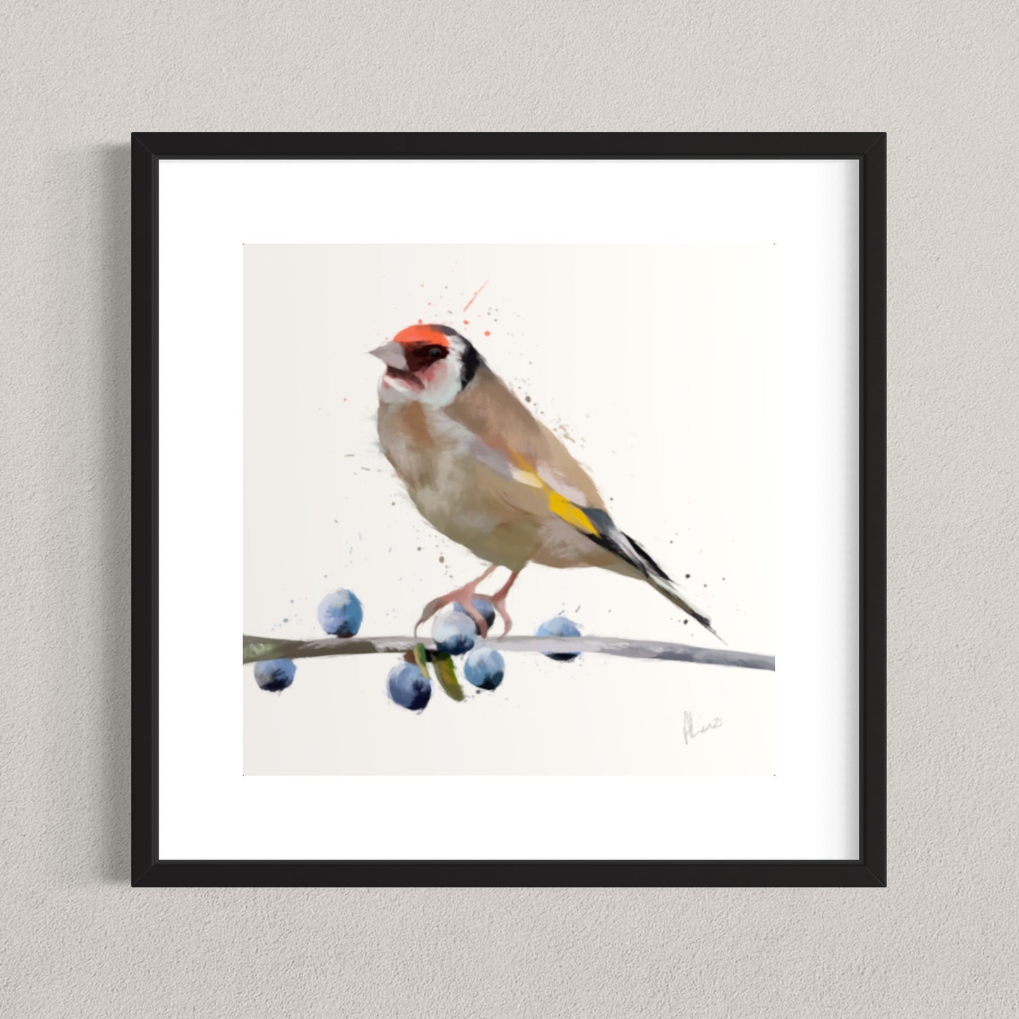 Goldfinch Bird White Painting Print Framed