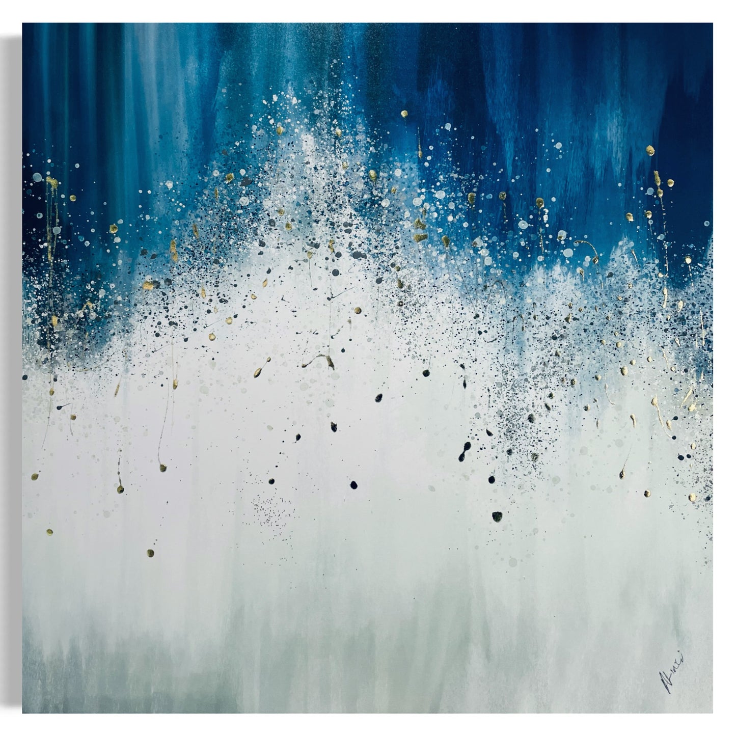 Navy Blue and Gold Abstract on Canvas- Waterfall