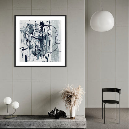 Abstract White and Silver Liquid Art Print Framed