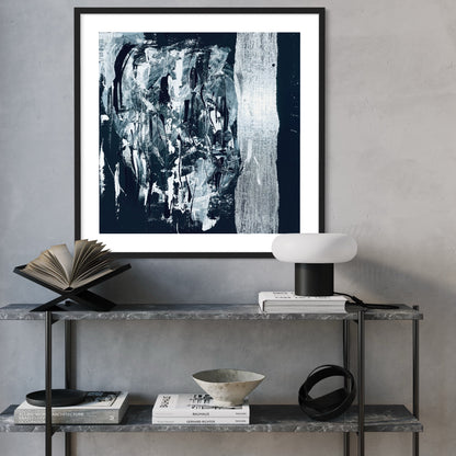 Abstract Black and Silver Liquid Art Print Framed