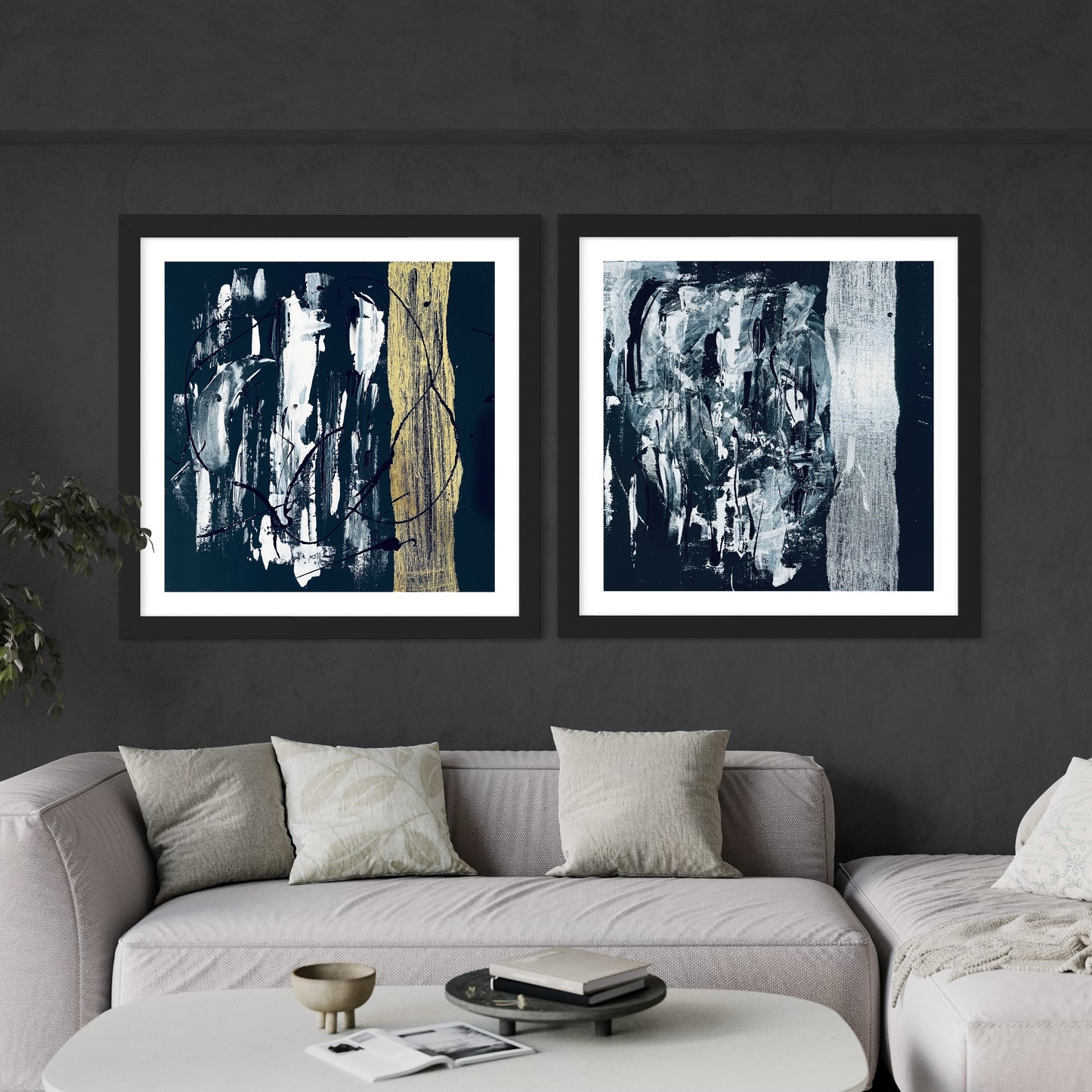 Abstract Black and Silver Liquid Art Print Framed