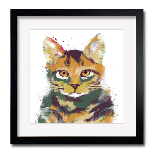 Cat Multicoloured Tabby Painting Print Framed