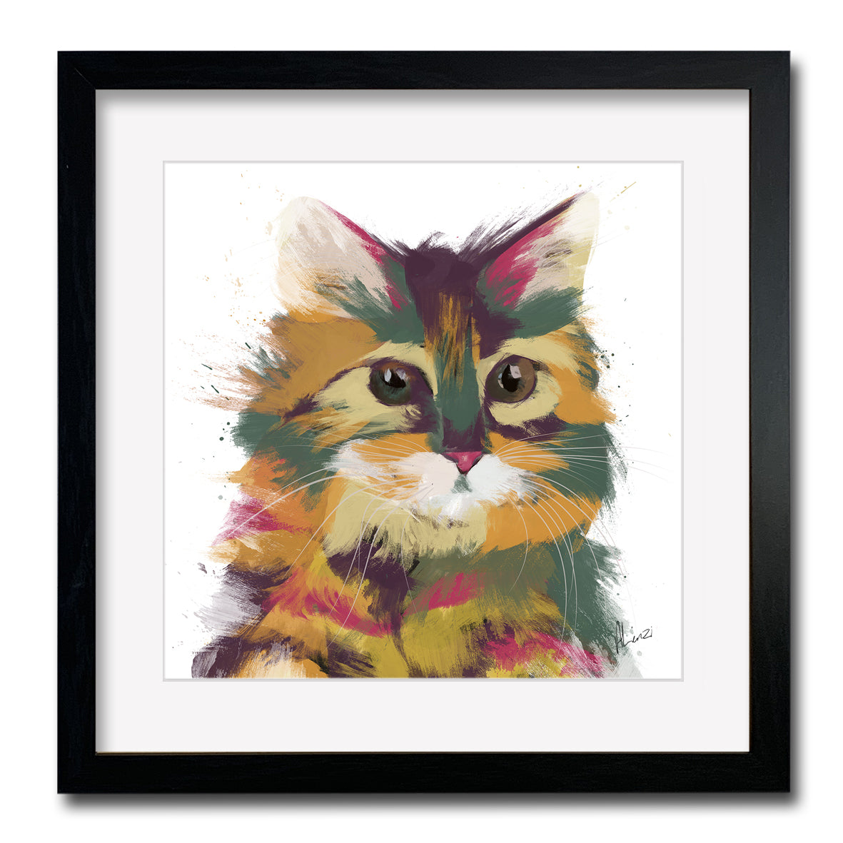 Cat Multicoloured Persian Painting Print Framed