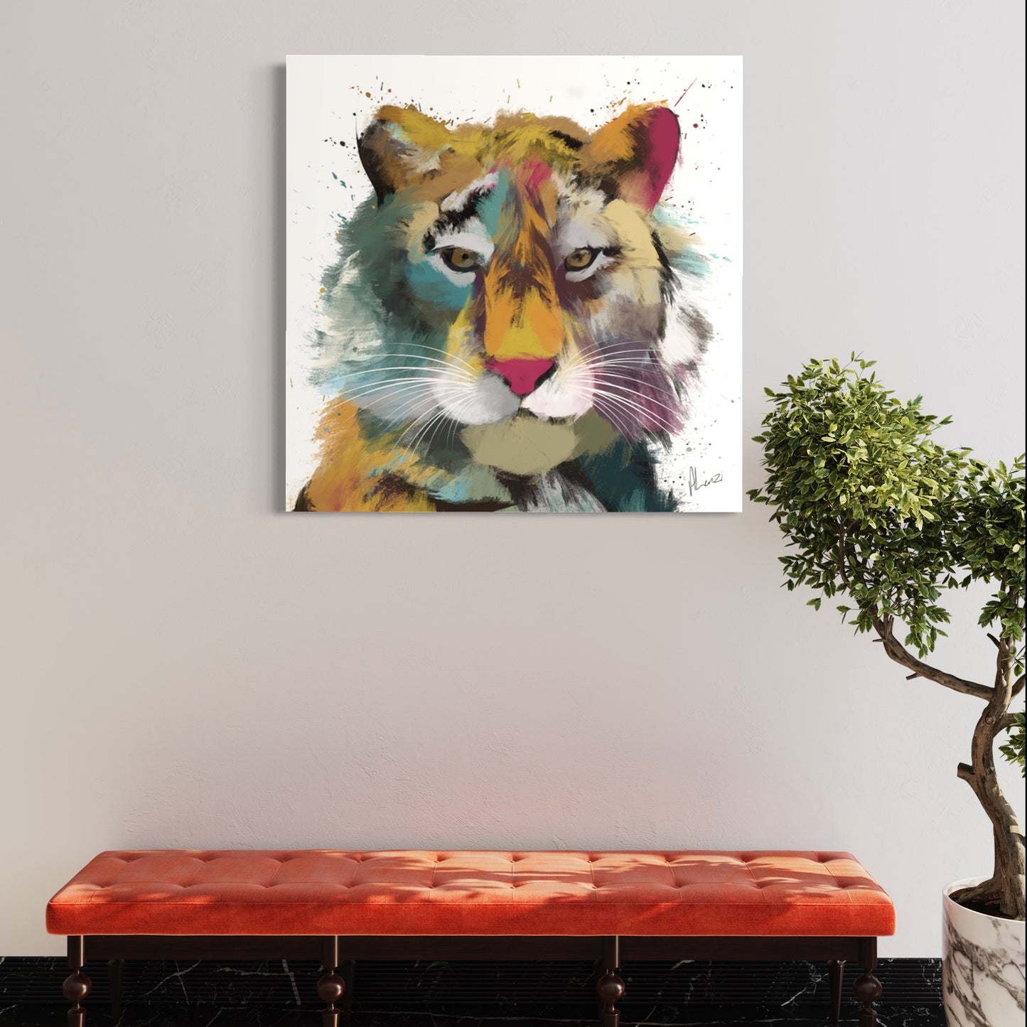 Tiger Multi White Painting Print on Canvas